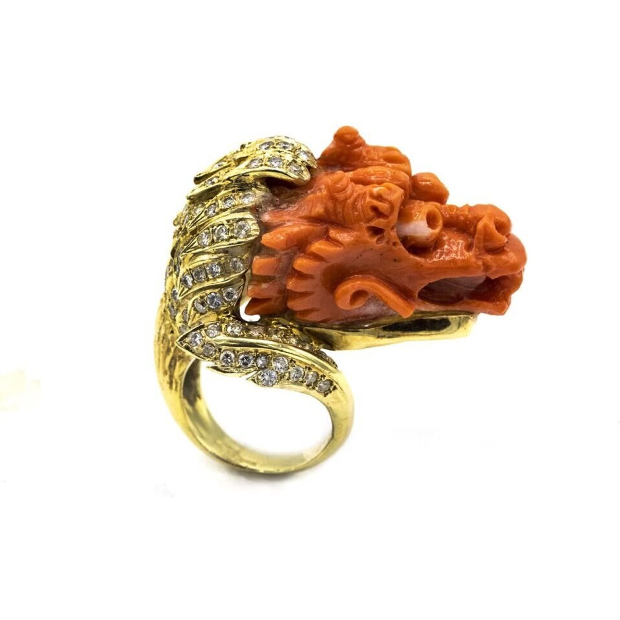 18K Yellow Gold Dragon Face Coral & Diamond Ring