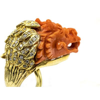 18K Yellow Gold Dragon Face Coral & Diamond Ring