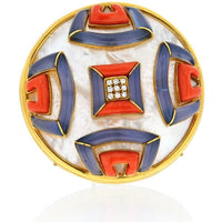 18K Yellow Gold Mother of Pearl, Chalcedony And Coral Round Brooch