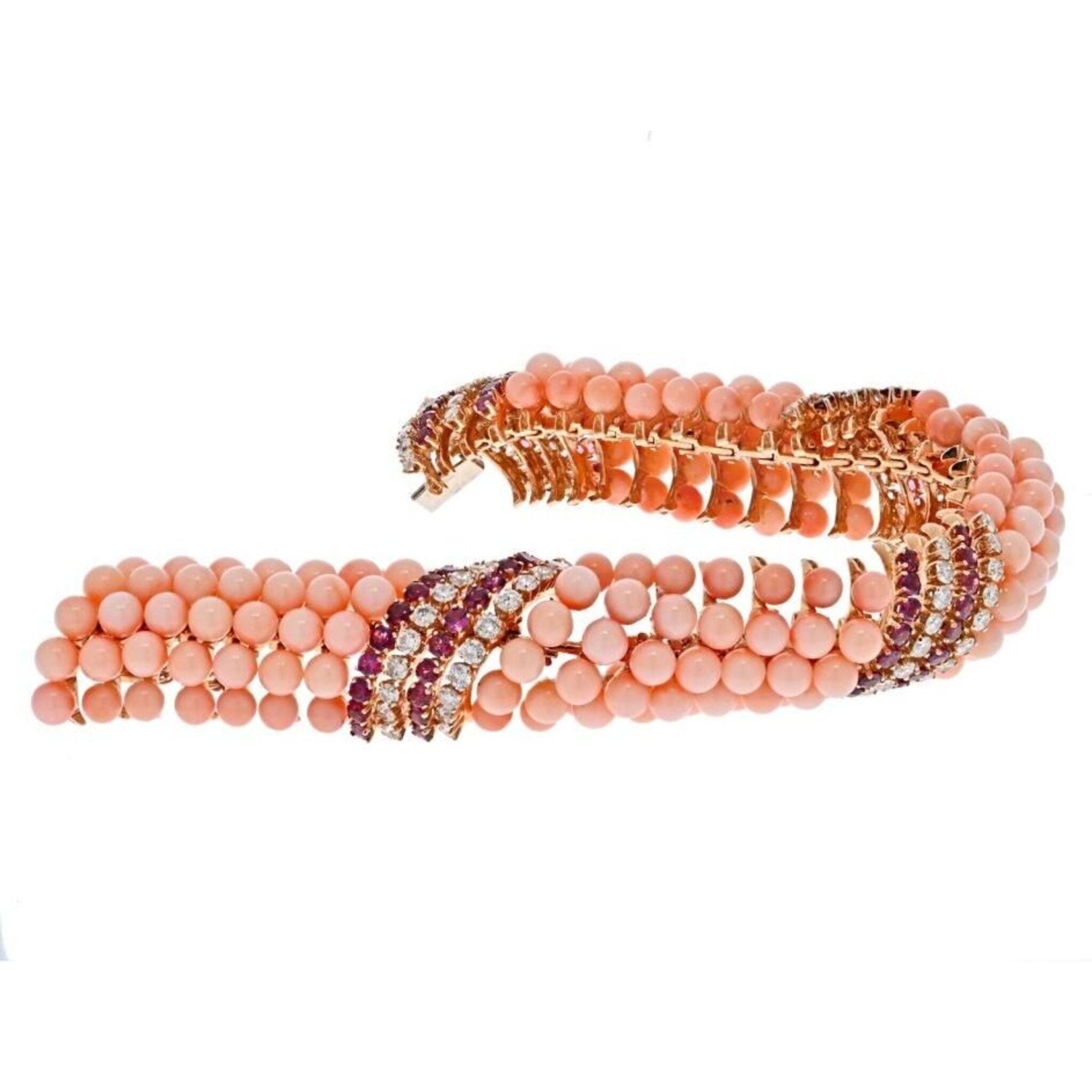 18K Yellow Gold Pink Coral Beads, Diamonds and Ruby Multi-row