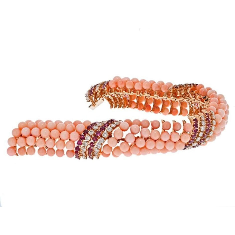 18K Yellow Gold Pink Coral Beads, Diamonds and Ruby Multi-row Bracelet