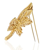 18K Yellow Gold Round And Baguette Diamond Maple Leaf Brooch