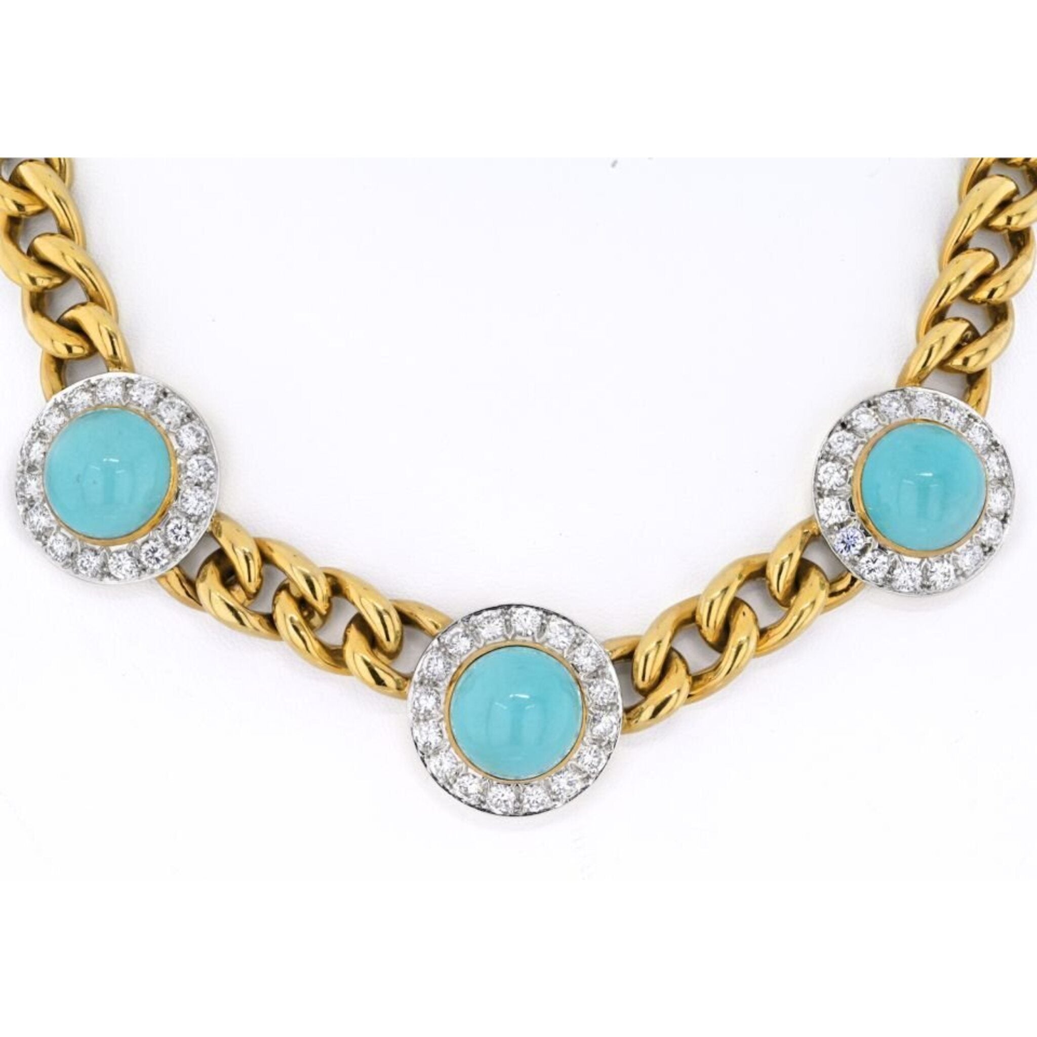 18K Yellow Gold Three Station Turquoise And Diamond Necklace