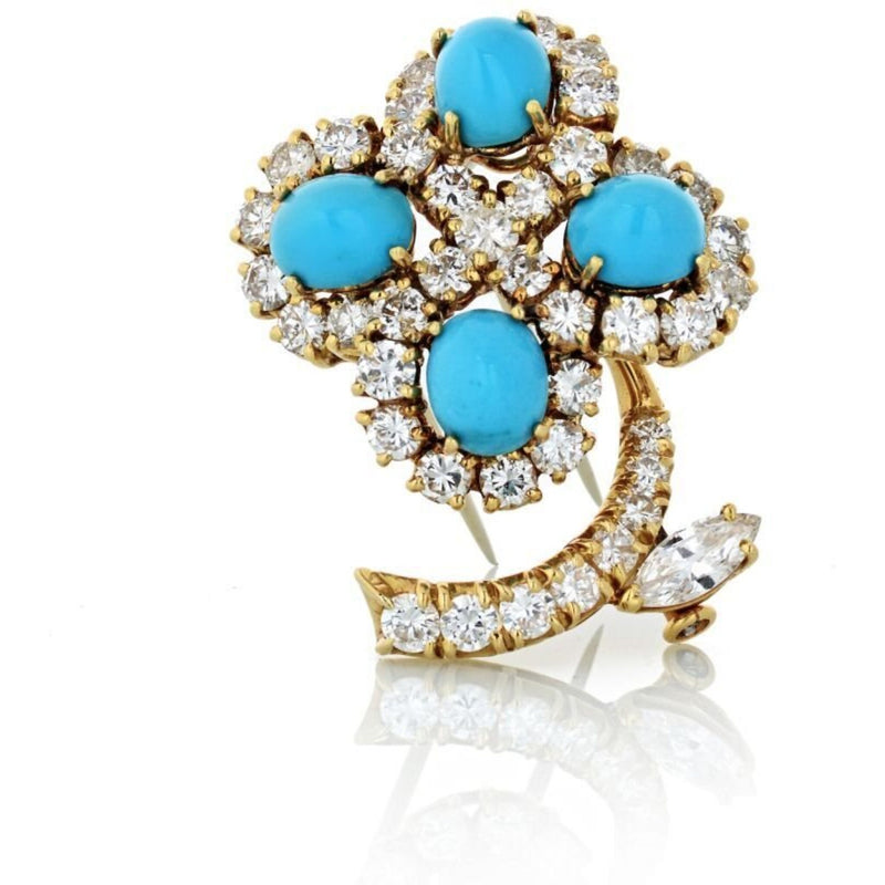 18K Yellow Gold Turquoise And Diamond Flower Brooch