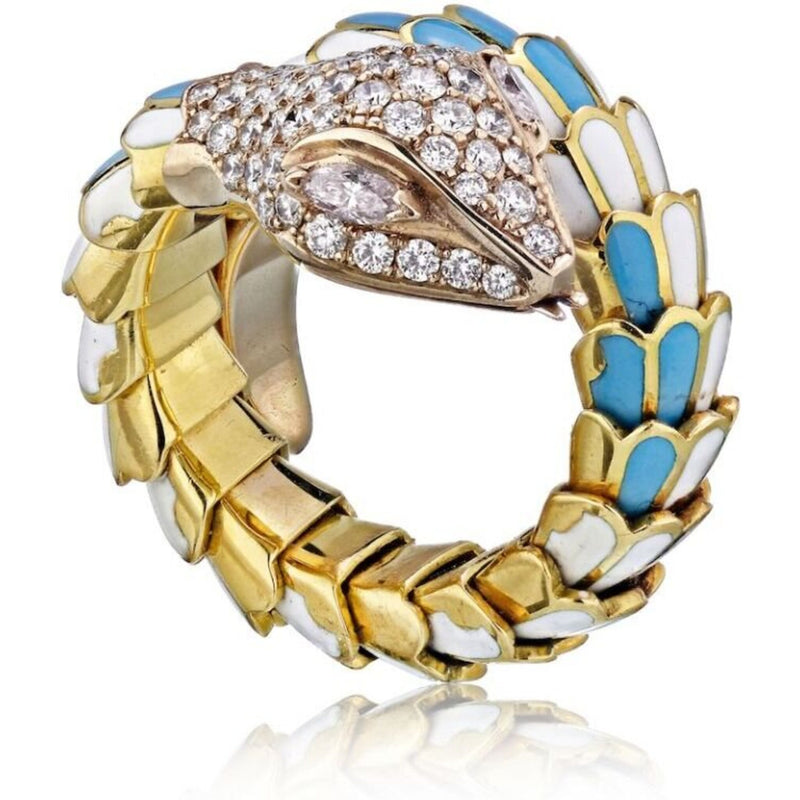 18K Yellow Gold Turquoise And White Enamel Diamond Serpent Snake Ring