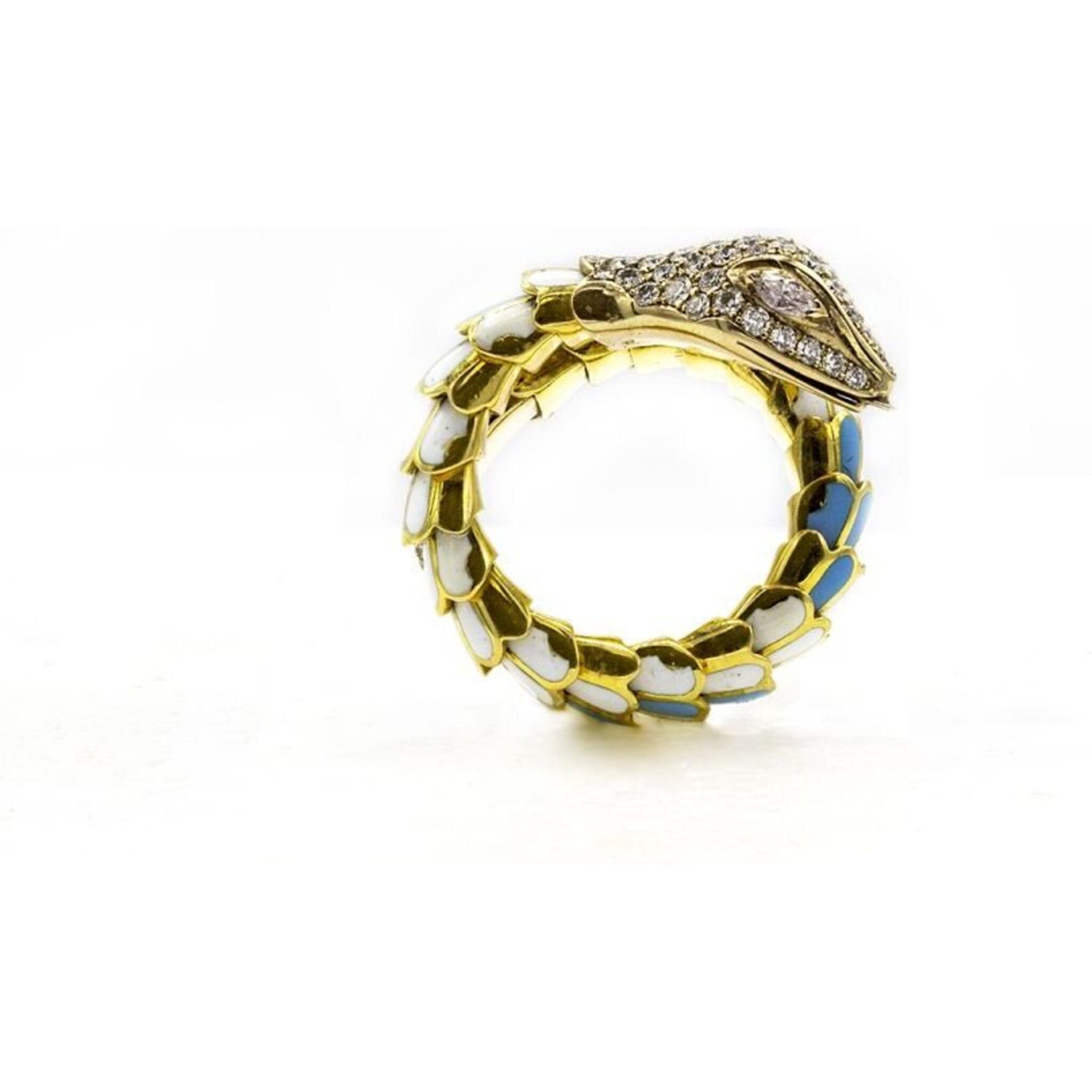 18K Yellow Gold Turquoise And White Enamel Diamond Serpent Snake