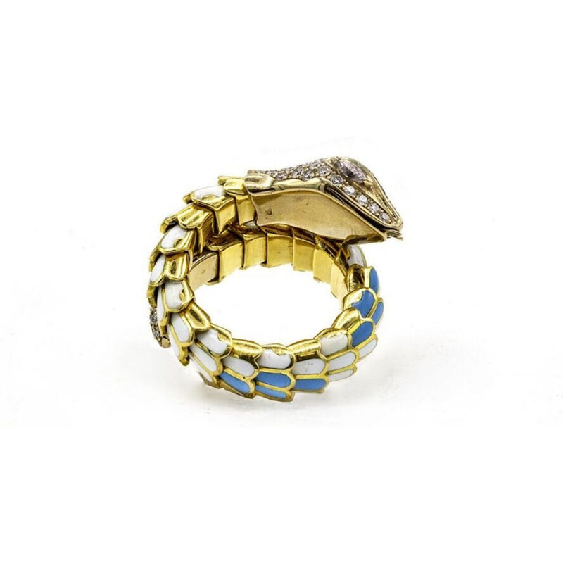 18K Yellow Gold Turquoise And White Enamel Diamond Serpent Snake Ring