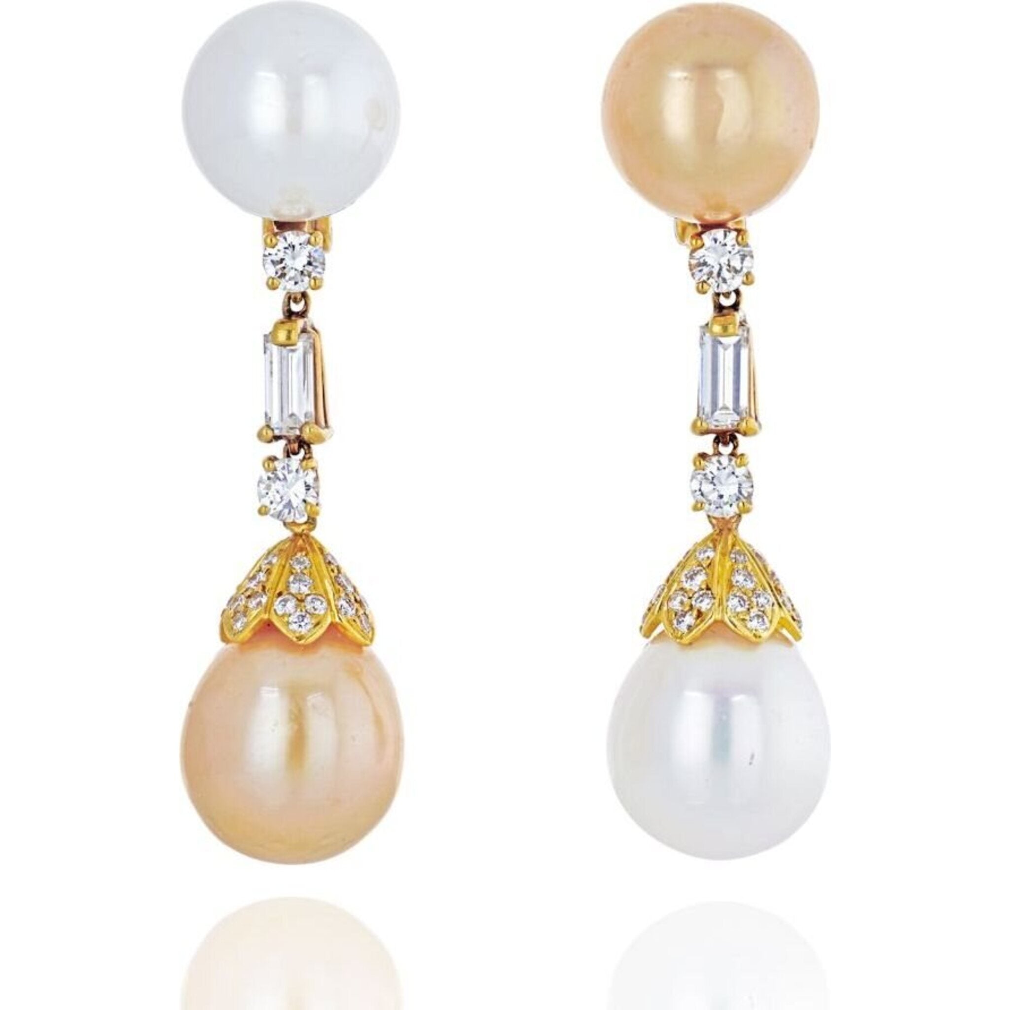 18K Yellow Gold White And Yellow Pearl Diamond Earrings