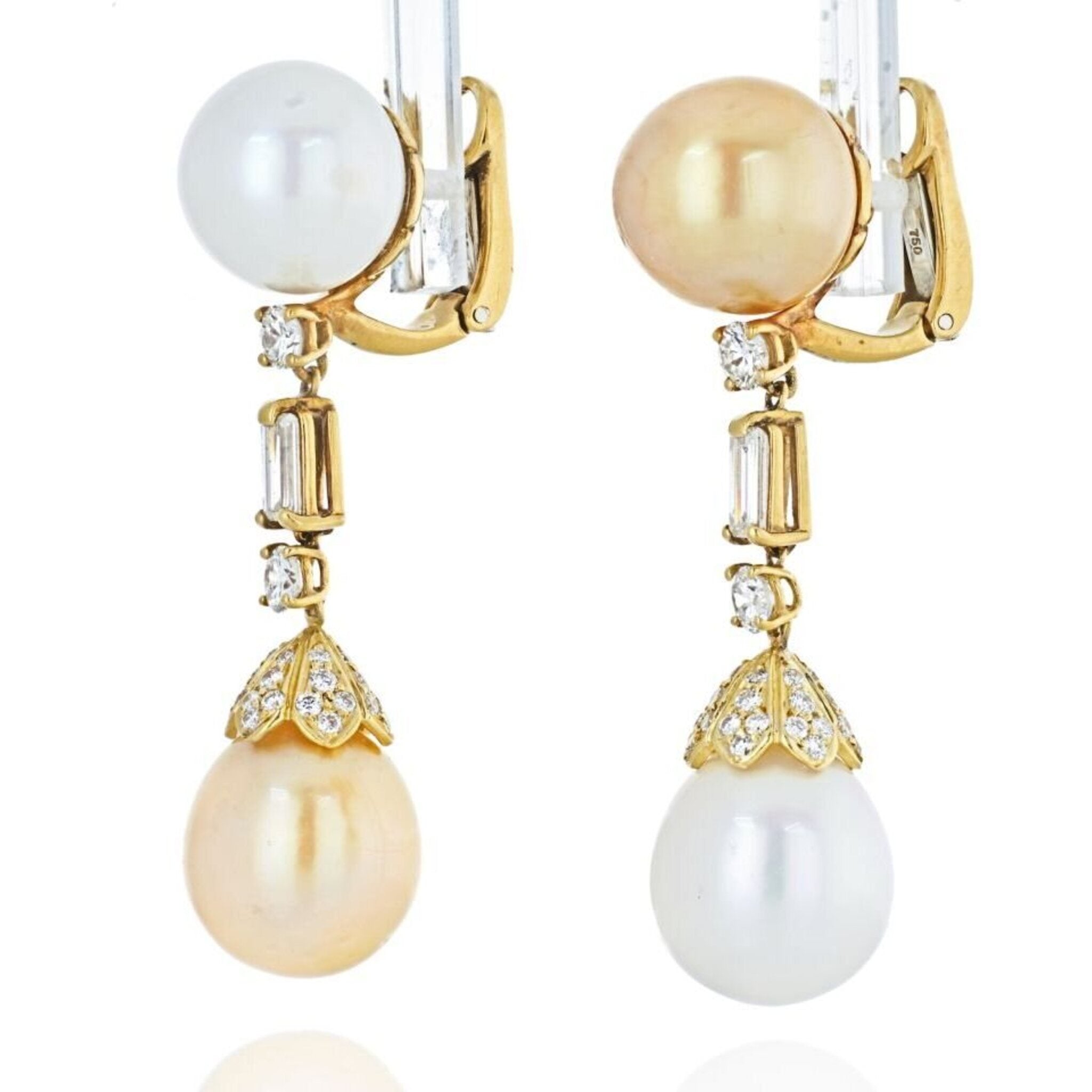 18K Yellow Gold White And Yellow Pearl Diamond Earrings