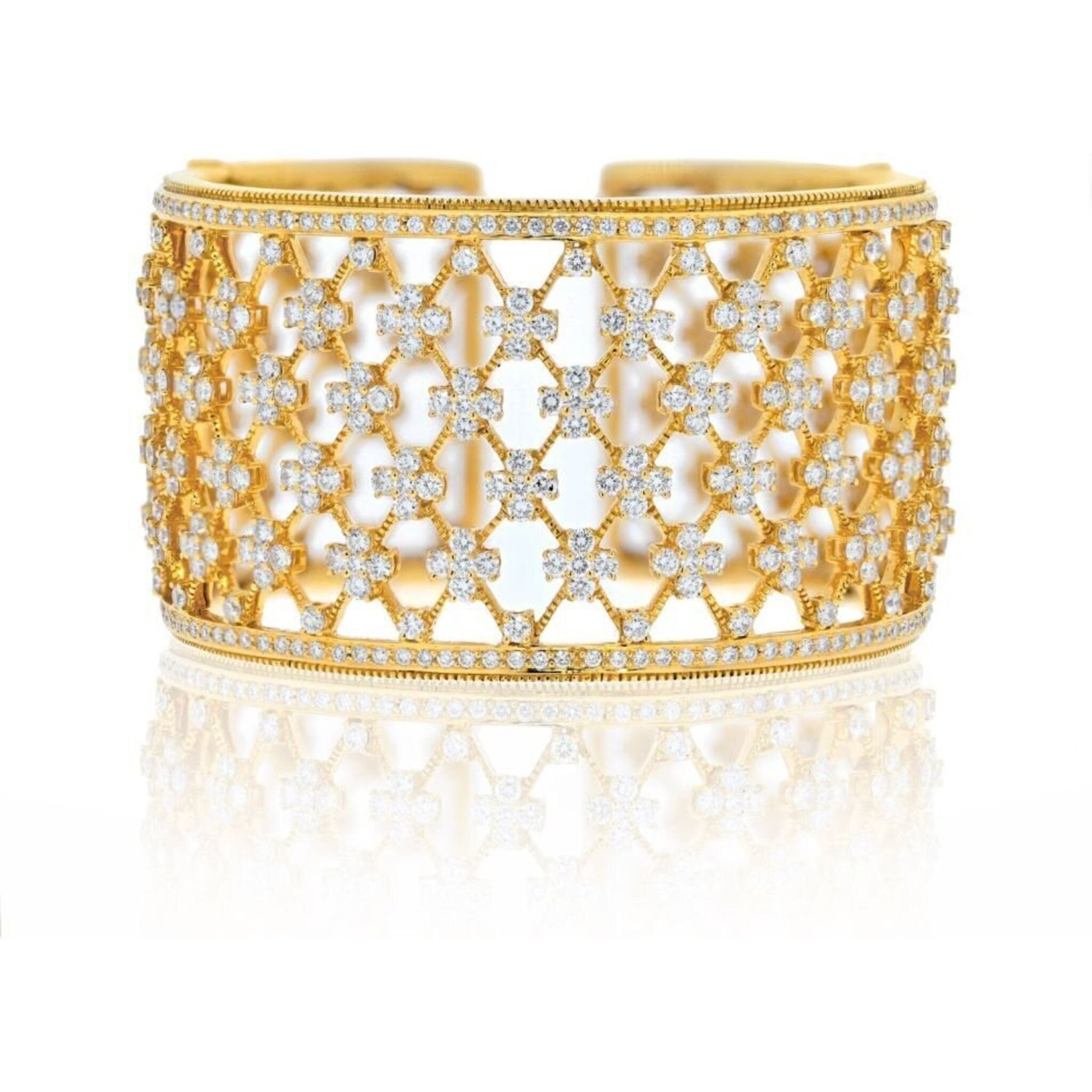 18K Yellow Gold Wide Openwork 32 Carat Diamond Cuff Bracelet