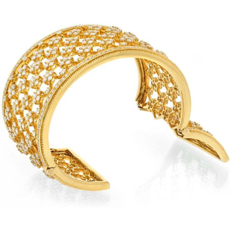 18K Yellow Gold Wide Openwork 32 Carat Diamond Cuff Bracelet