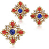1970's 18K Yellow Gold Lapis, Coral & Diamond Brooch And Earrings Jewelry Set