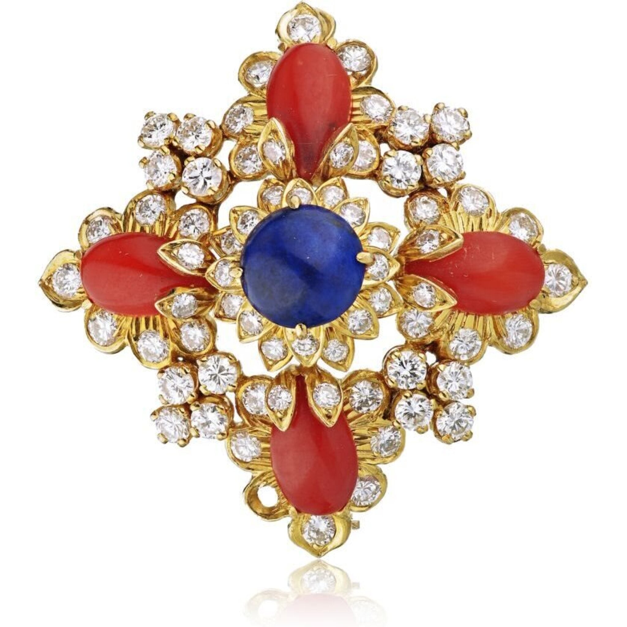 1960s Coral Lapis Emerald Diamond Gold Brooch Pin – Oak Gem