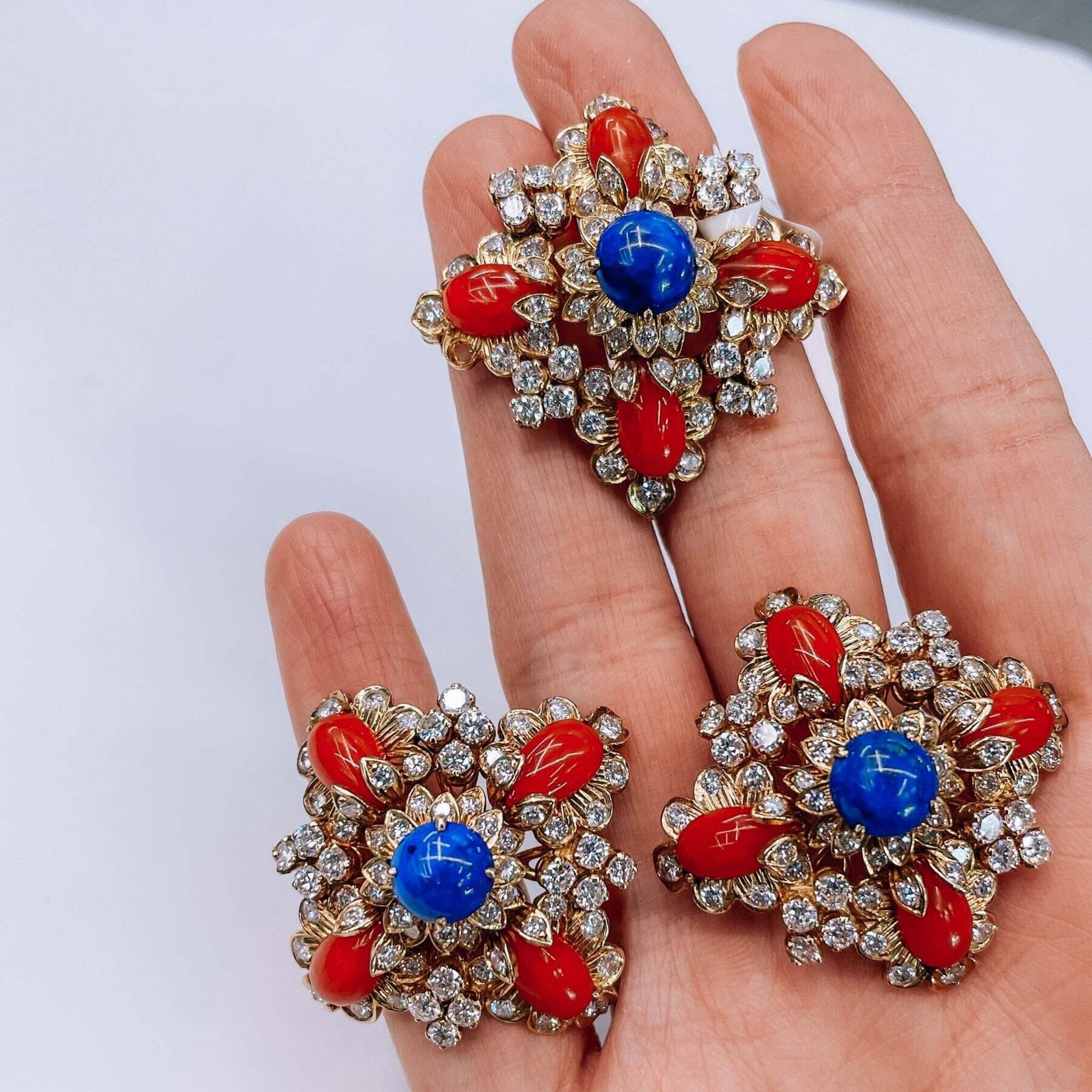 1970's 18K Yellow Gold Lapis, Coral & Diamond Brooch And Earrings