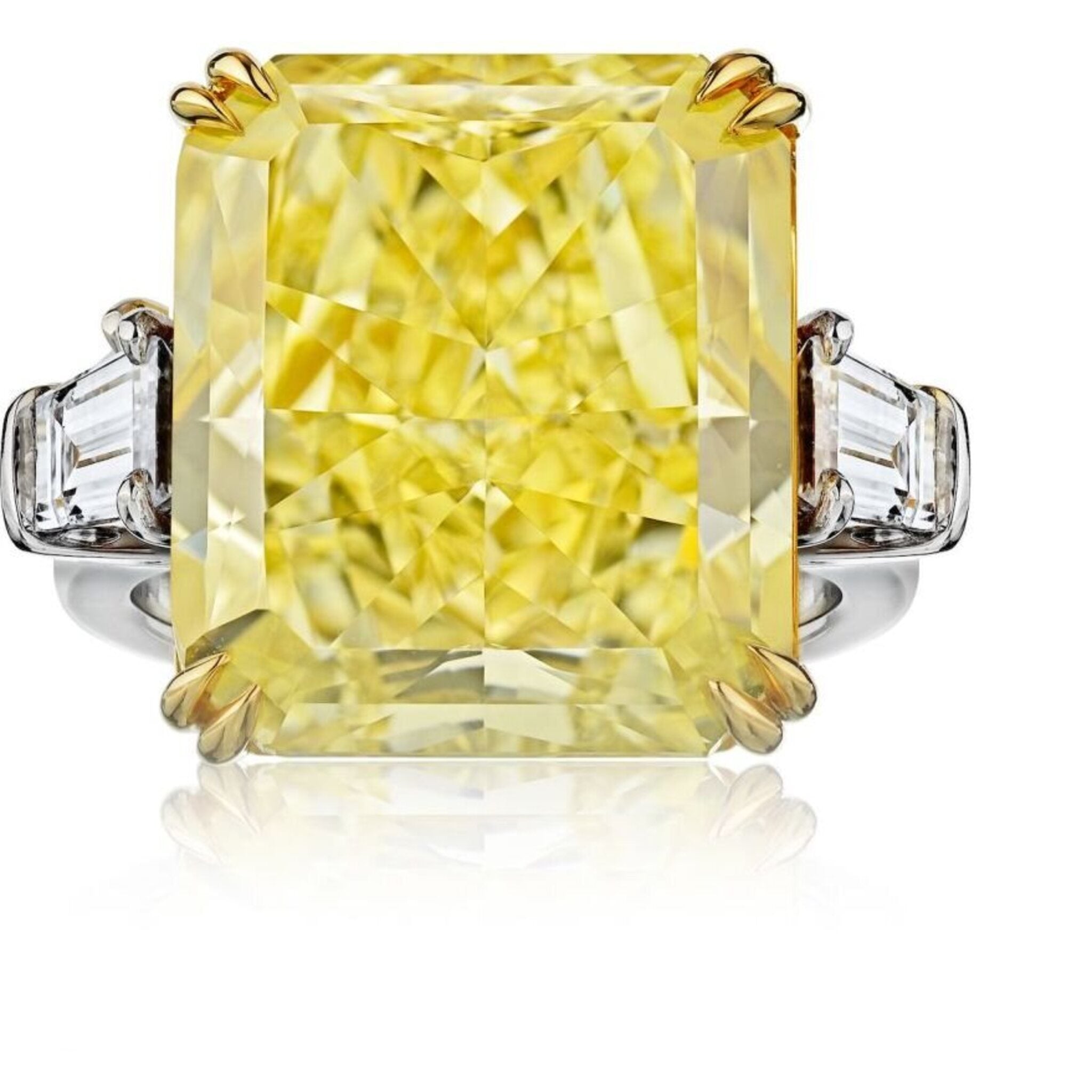 20 Carat Radiant Cut Diamond Fancy Intense Yellow GIA Bullets on the side  Ring