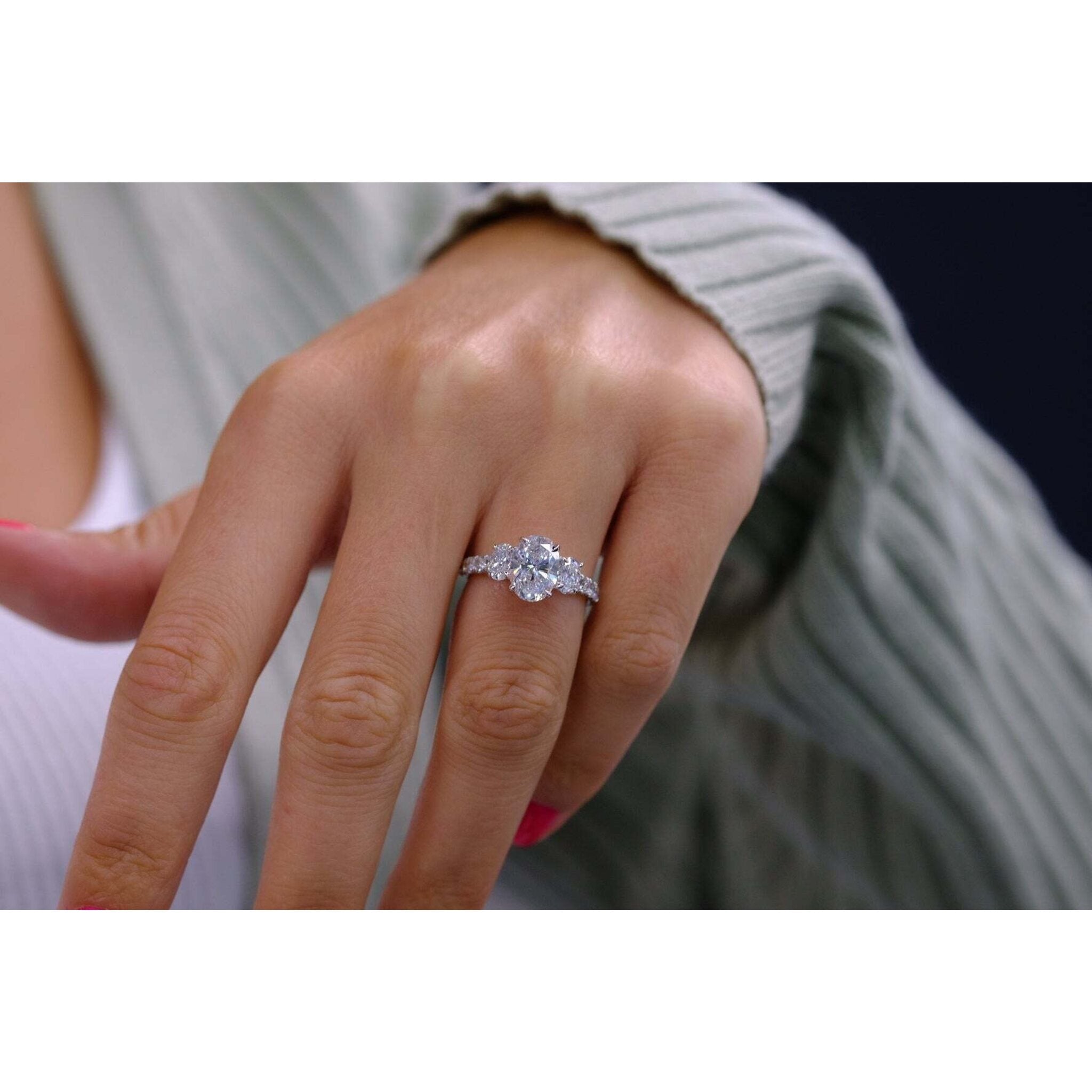 2.01 Carat Oval Cut Diamond Three Stone Engagement Ring