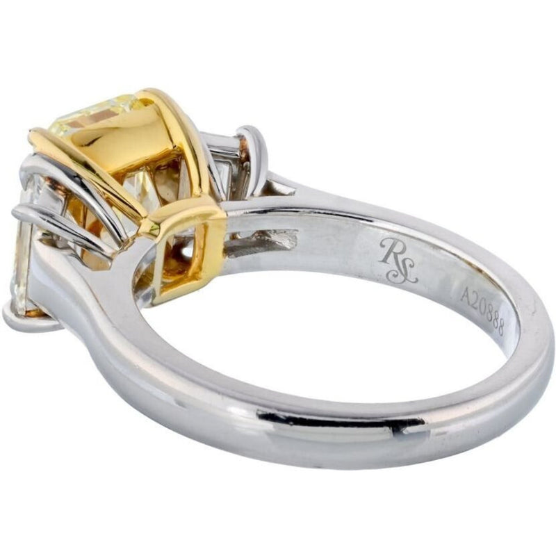 3 Carat Radiant Cut Diamond Fancy Intense Yellow GIA With Two Side Trapezoids Three Stone Ring
