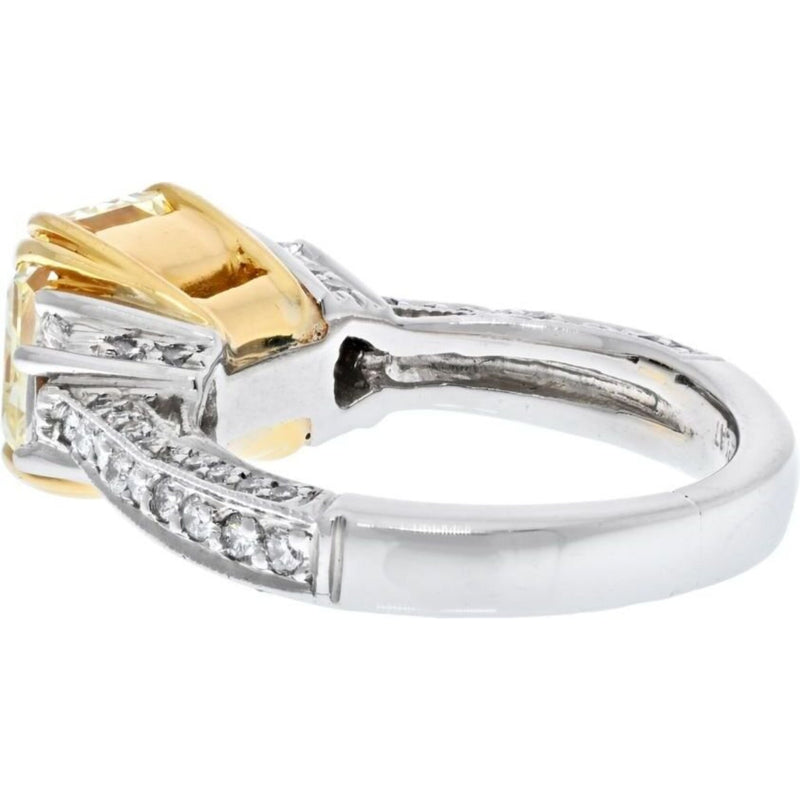 3 Carat Radiant Cut Diamond Fancy Yellow VS2 Clarity GIA Three Stone Engagement Ring