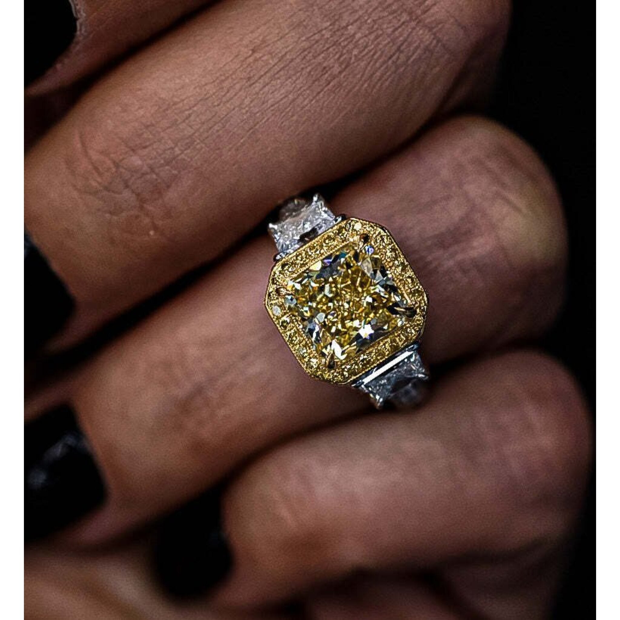 3 Carat Radiant Cut Fancy Intense Yellow Diamond Engagement Ring