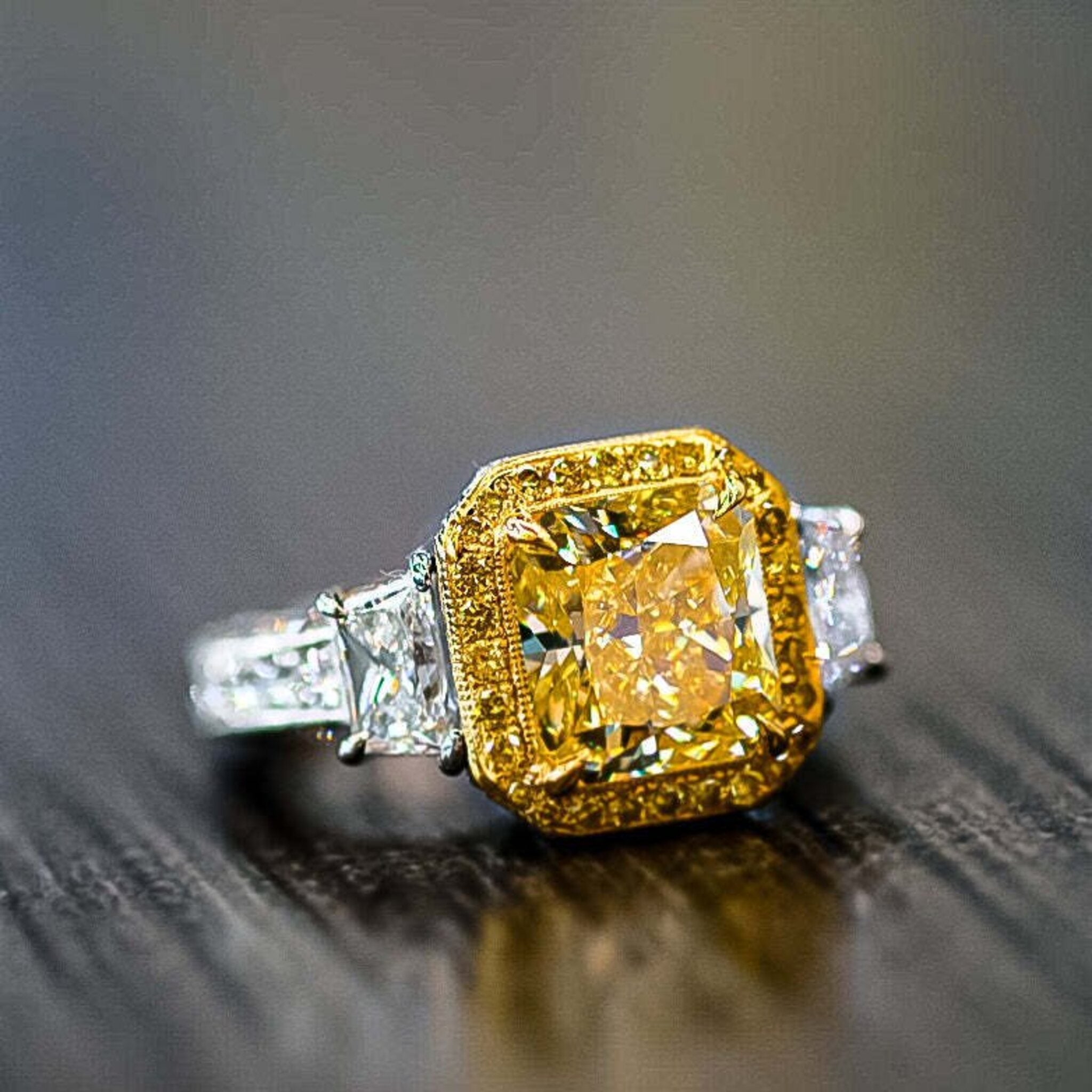 Cushion Cut Yellow Diamond Engagement Ring with Halo & Pavé Band
