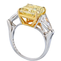 5 Carat Radiant Cut Diamond Fancy Intense Yellow GIA Three Stone Engagement Ring