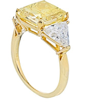 5 Carat Radiant Cut Fancy Vivid Yellow Three Stone Diamond Engagement Ring