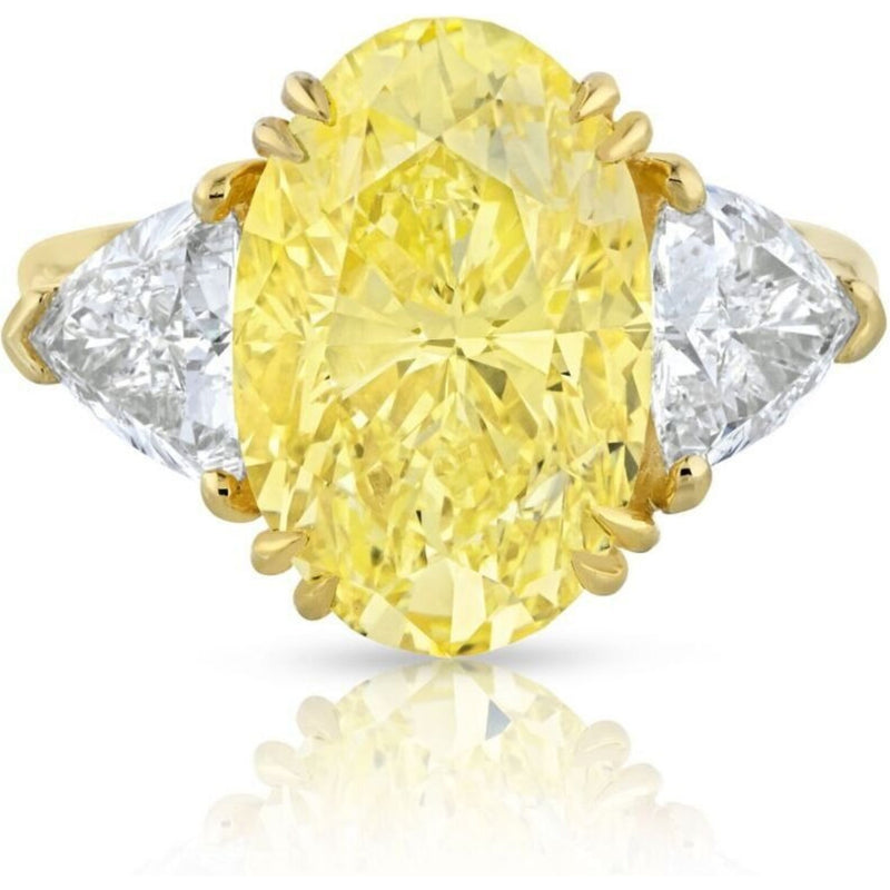 6.95 Carat Oval Cut Fancy Intense Yellow Three Stone Diamond Engagement Ring