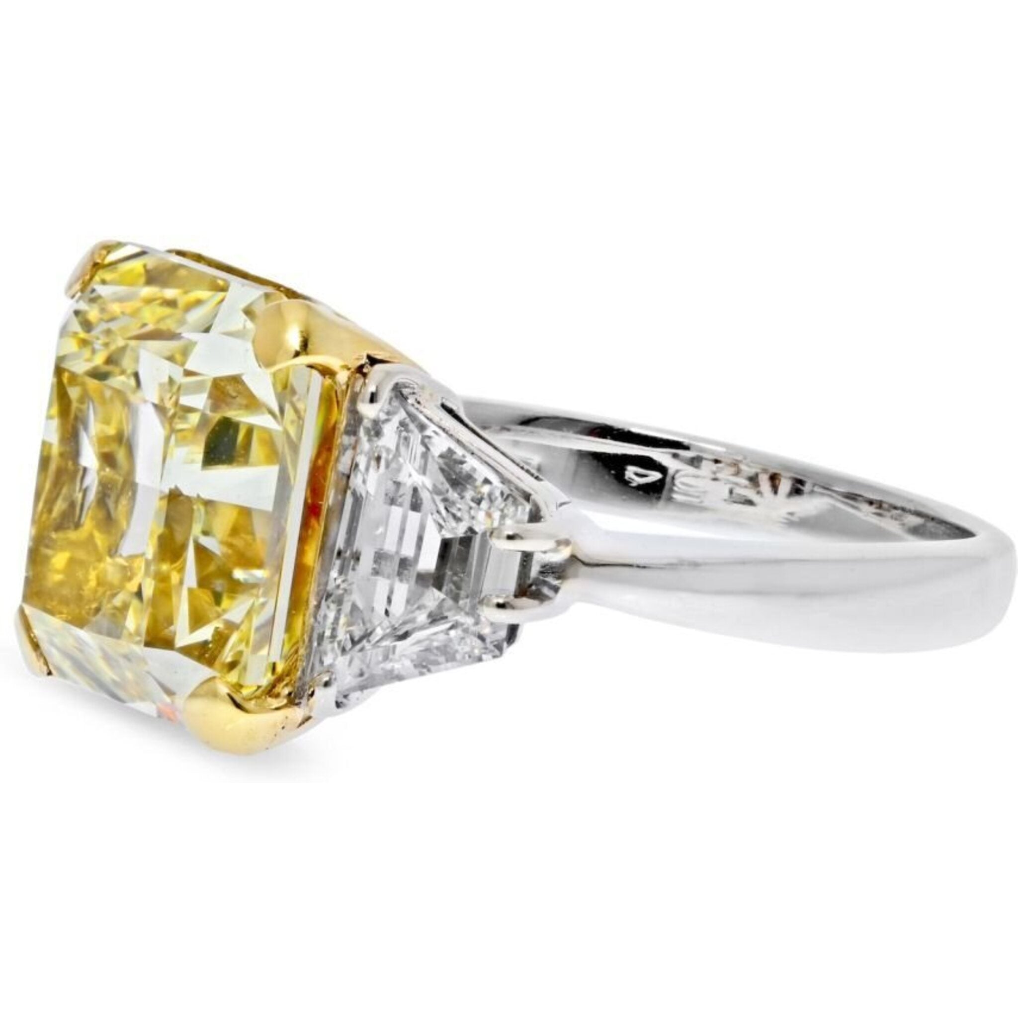7.05 Carat Radiant Cut Fancy Yellow VS2 Clarity Three Stone Engagement Ring