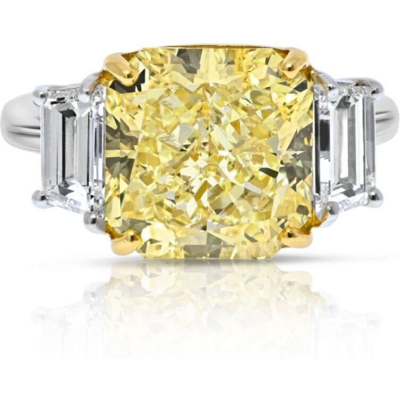7.13 Carat Radiant Cut Fancy Yellow VVS2 GIA Three Stone Diamond Engagement Ring