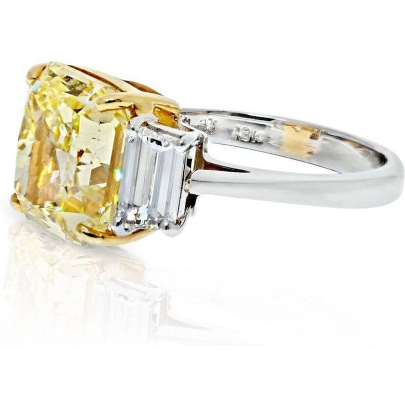 7.13 Carat Radiant Cut Fancy Yellow VVS2 GIA Three Stone Diamond Engagement Ring