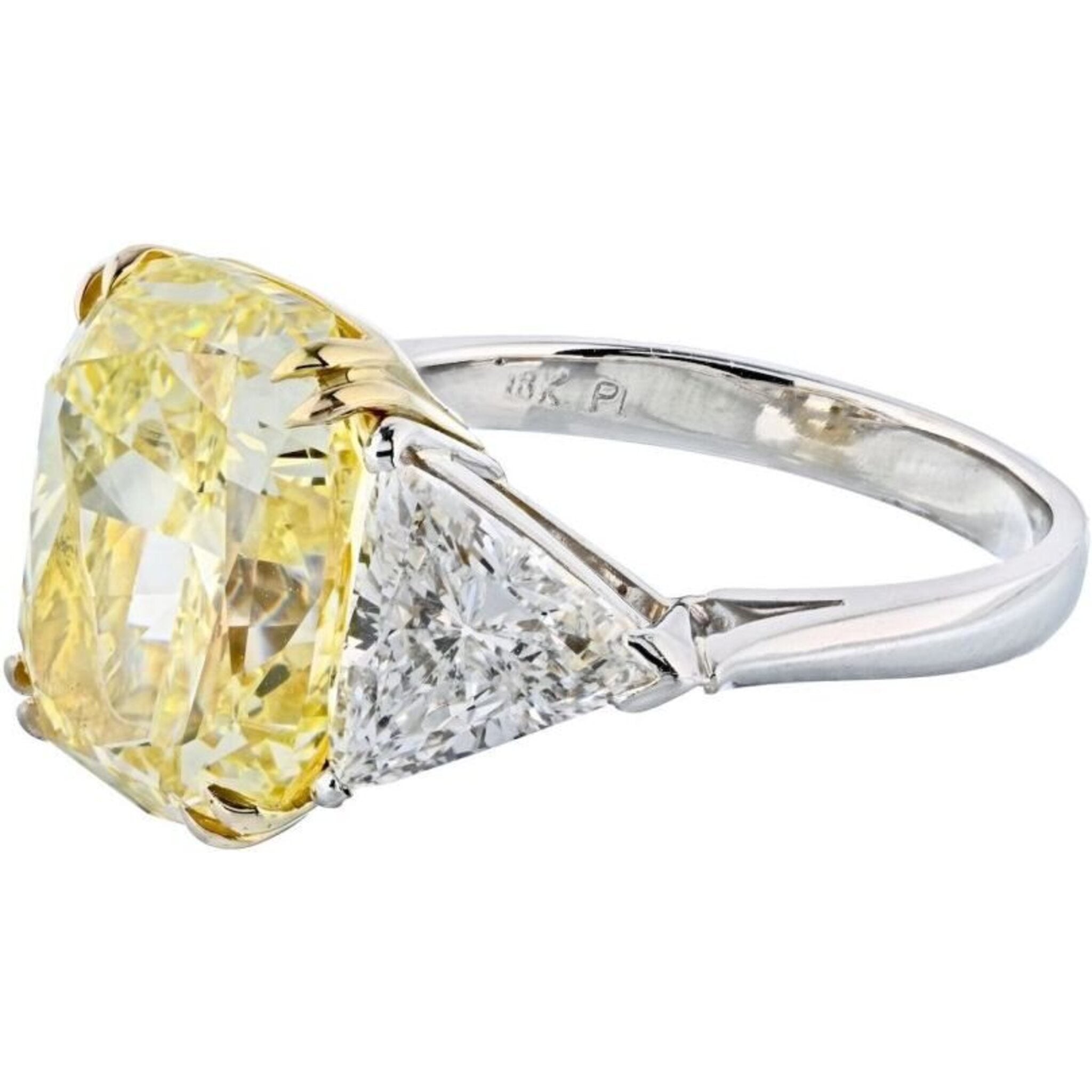 8.70 Carat Cushion Cut Platinum & 18K Yellow Gold Fancy Yellow Three Stone Diamond Engagement Ring