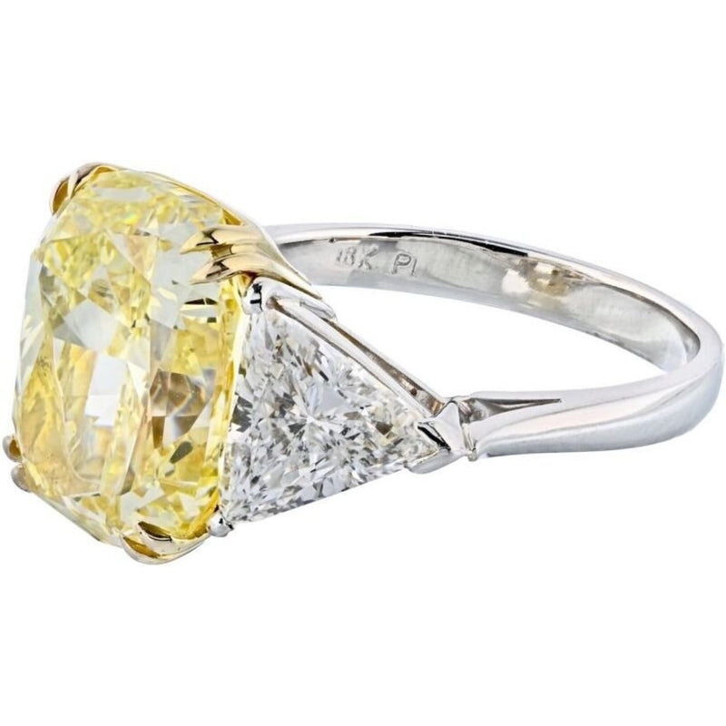 8.70 Carat Cushion Cut Platinum & 18K Yellow Gold Fancy Yellow Three Stone Diamond Engagement Ring