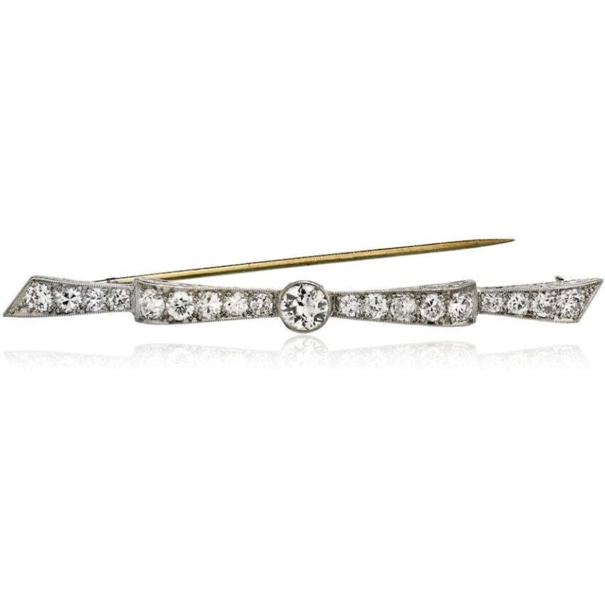 Art Deco Platinum 2.50 Carat Diamond Bow Bar Pin Brooch