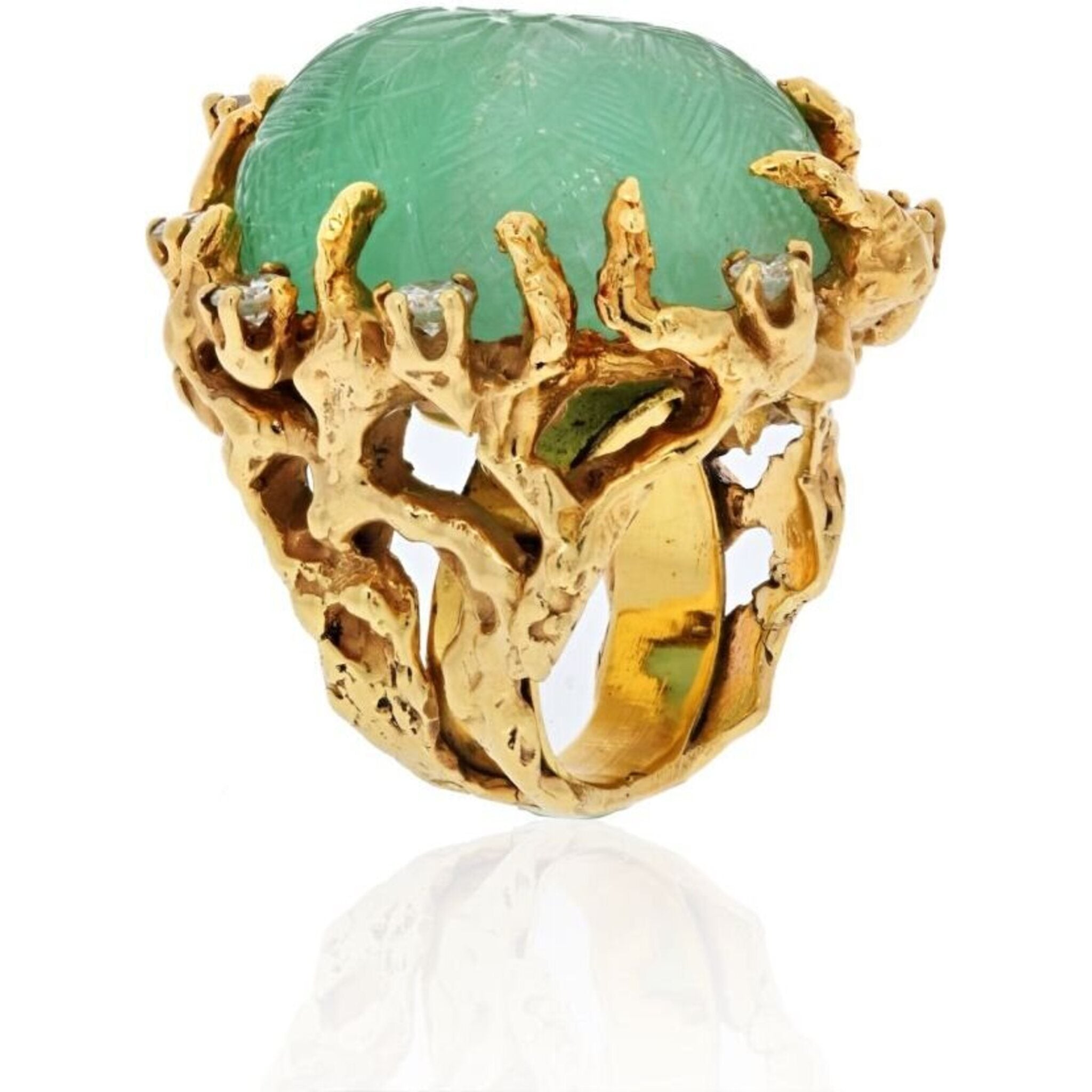 Arthur King - Arthur King 14K Yellow Gold Large Carved Emerald Diamond Ring