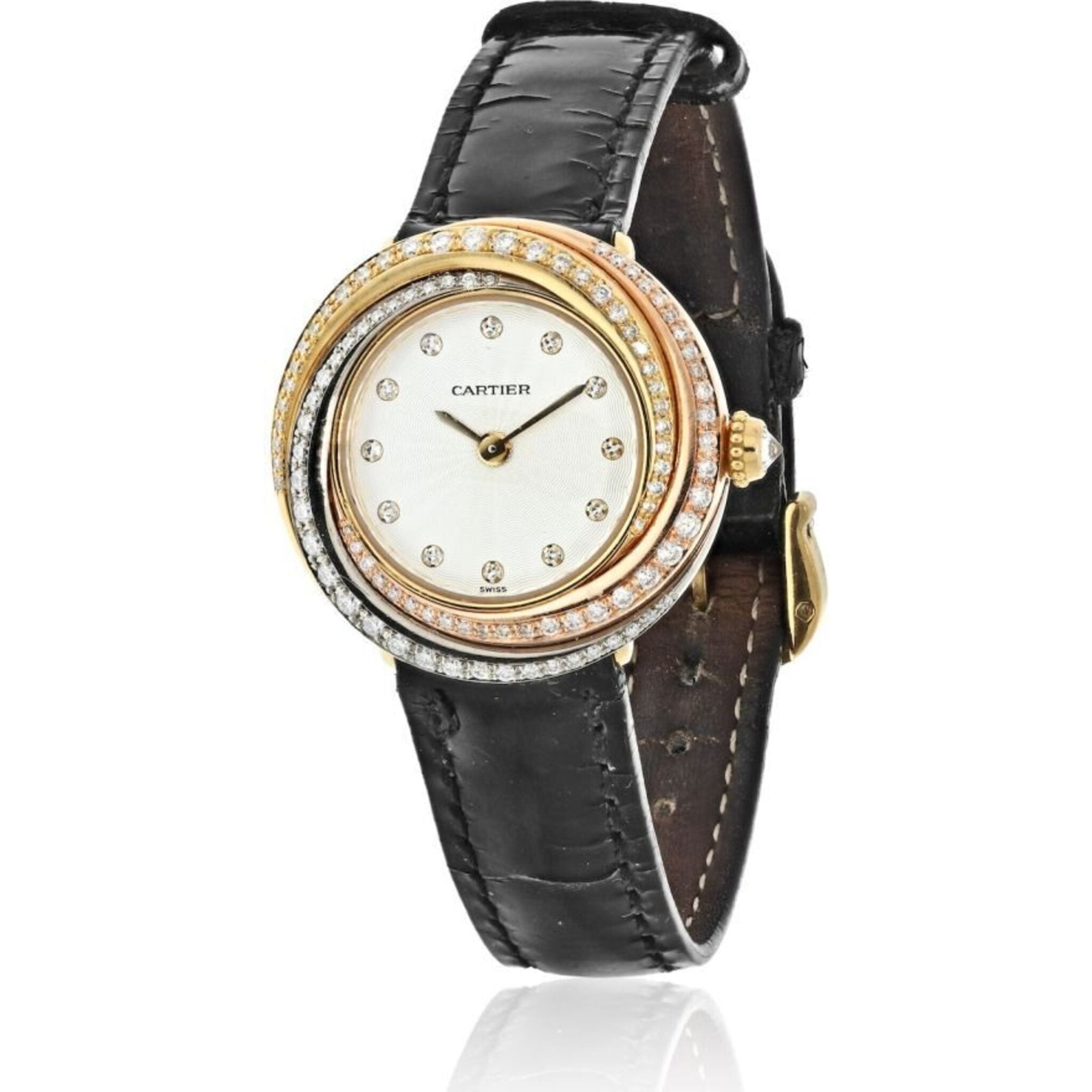 Cartier 18K Trinity All Diamond 26mm Round Dial Leather Strap