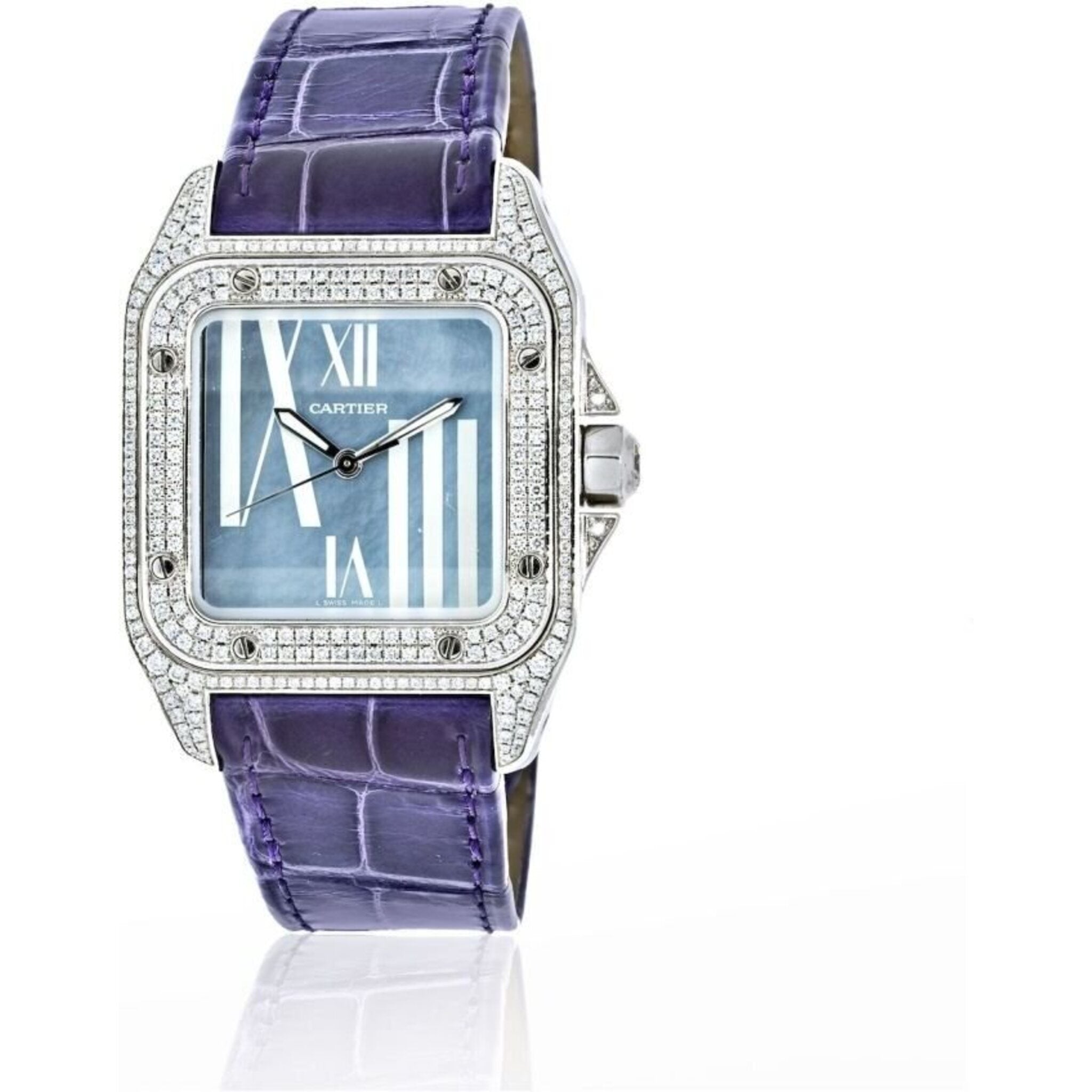 Cartier - 18K White Gold Santos 100 Unisex White Gold Diamond Watch