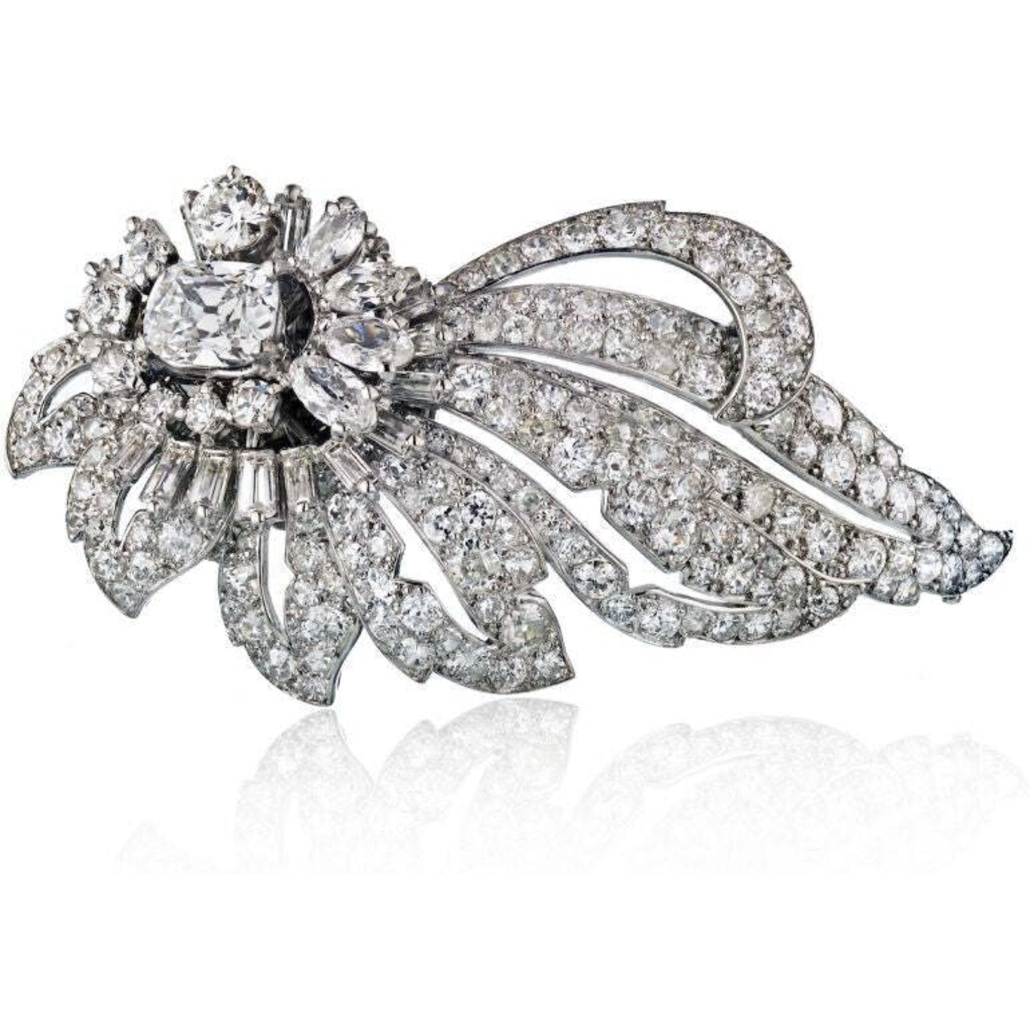 Cartier 1950 s Platinum Foliate Design with Center Cushion Cut