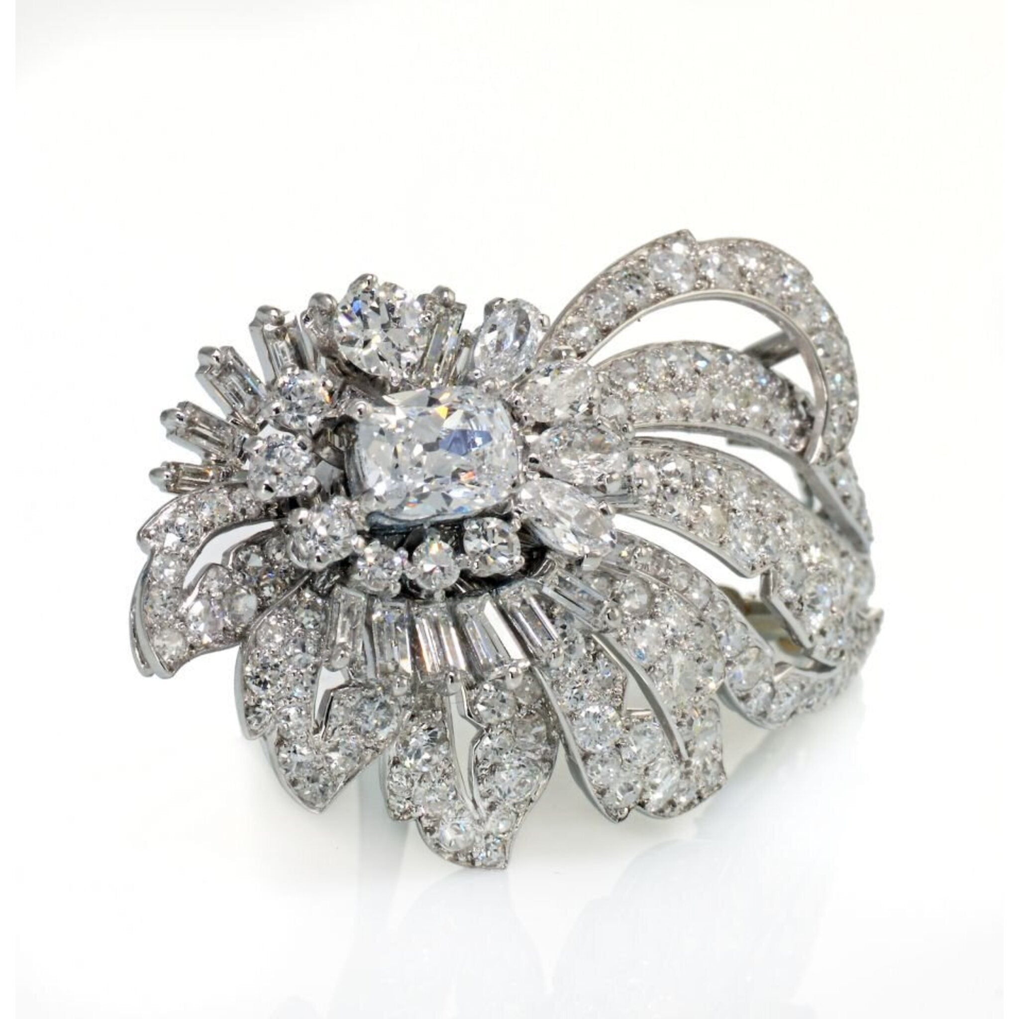 Cartier 1950 s Platinum Foliate Design with Center Cushion Cut