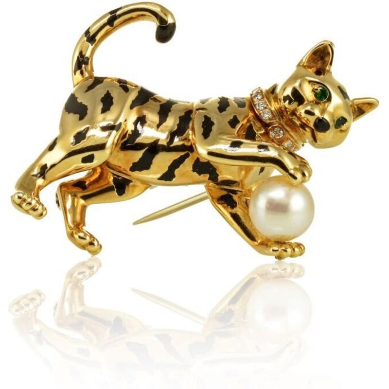 Cartier - Panthere 18K Yellow Gold French Diamond & Pearl Cat Brooch