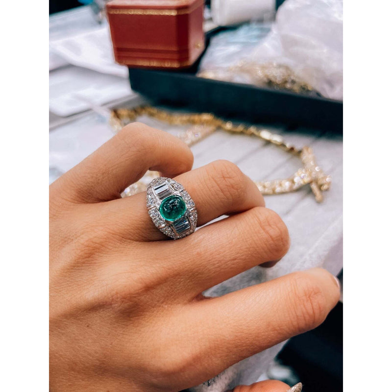 Cartier - Platinum Cabochon Emerald And Diamond Vintage Ring