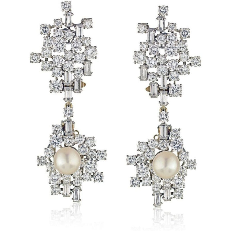 Chaumet - 1950's Platinum Diamond And Pearl Drop Dangle Earrings
