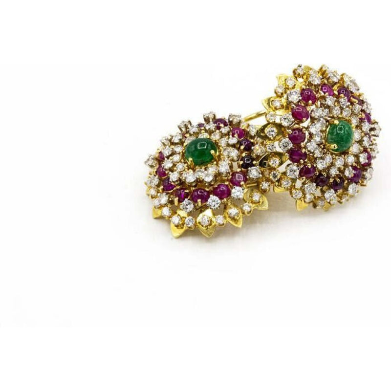 Circa 1960's 18K Yellow Gold Diamond Emerald & Ruby Earrings
