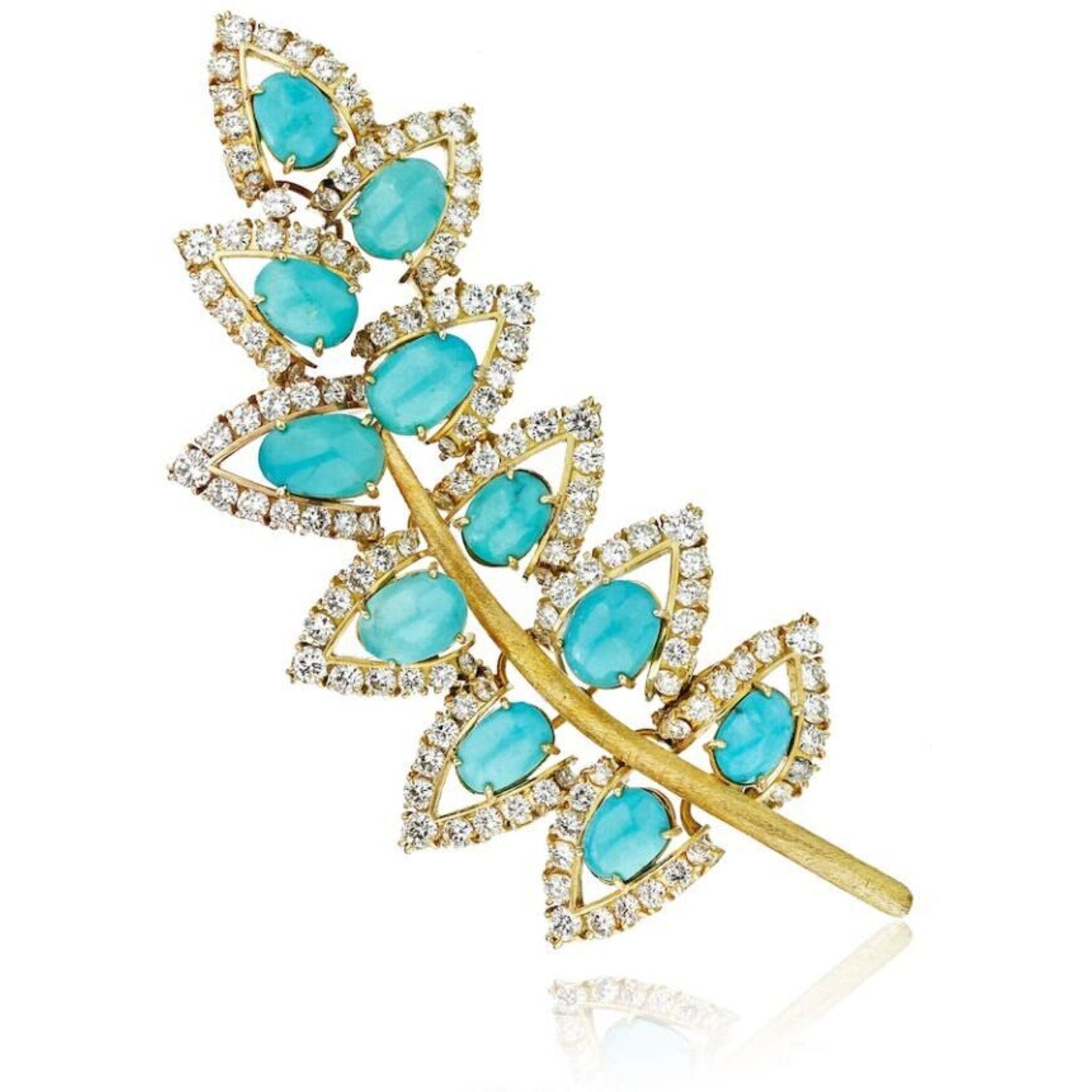Circa 1960's 18K Yellow Gold Turquoise Leaf Brooch