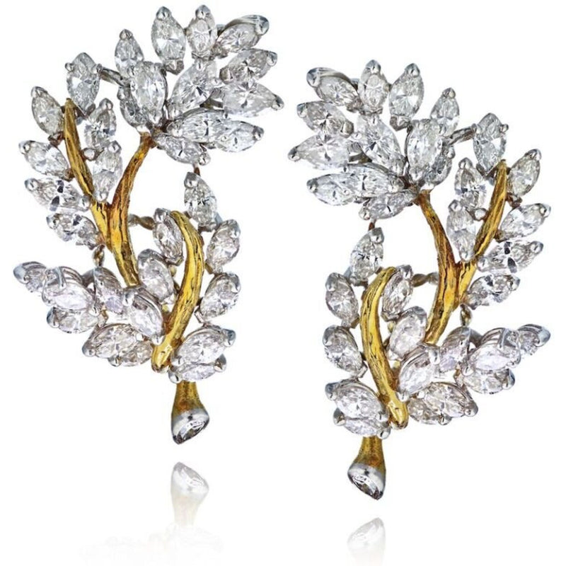 Circa 1970's Platinum & 18K Yellow Gold 10 Carat Marquise Foliage Inspired Earrings