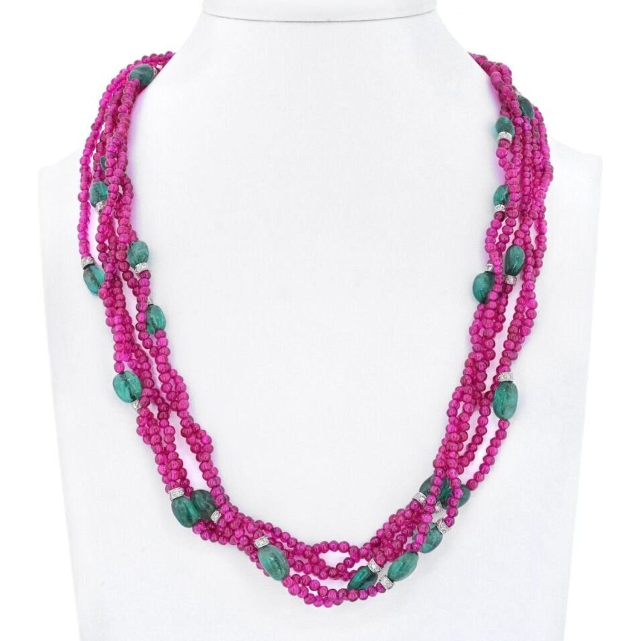 David Webb - 18K White Gold 5 Strand of Ruby And Sapphires Necklace