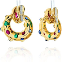 David Webb - 18K White Gold Ruby, Emerald And Sapphire Door Knockers Earrings
