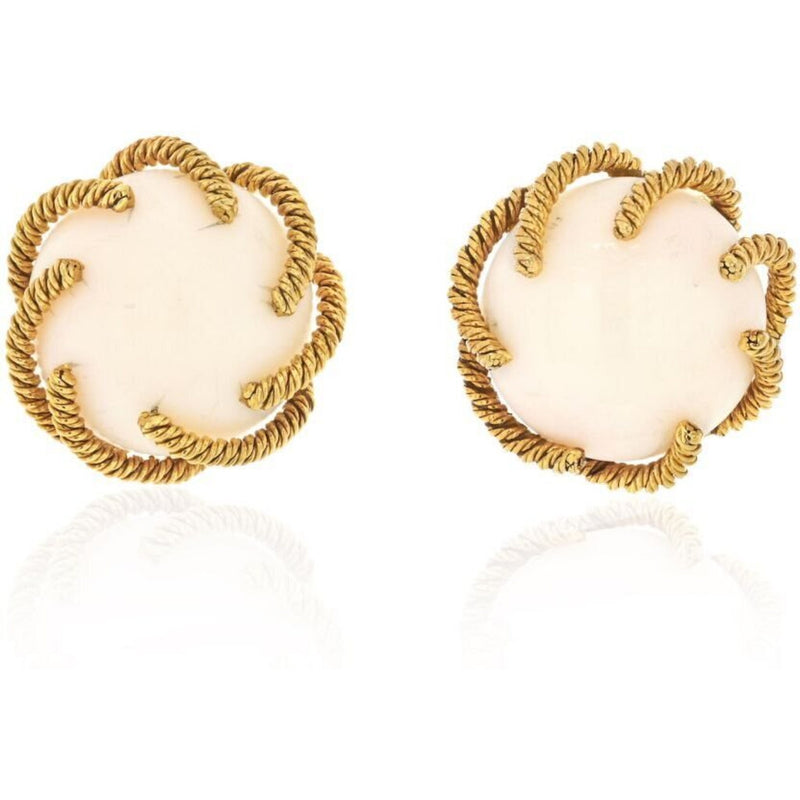 David Webb - 18K Yellow Gold 1970's Angel Skin Coral Twisted Rope Round Button Earrings