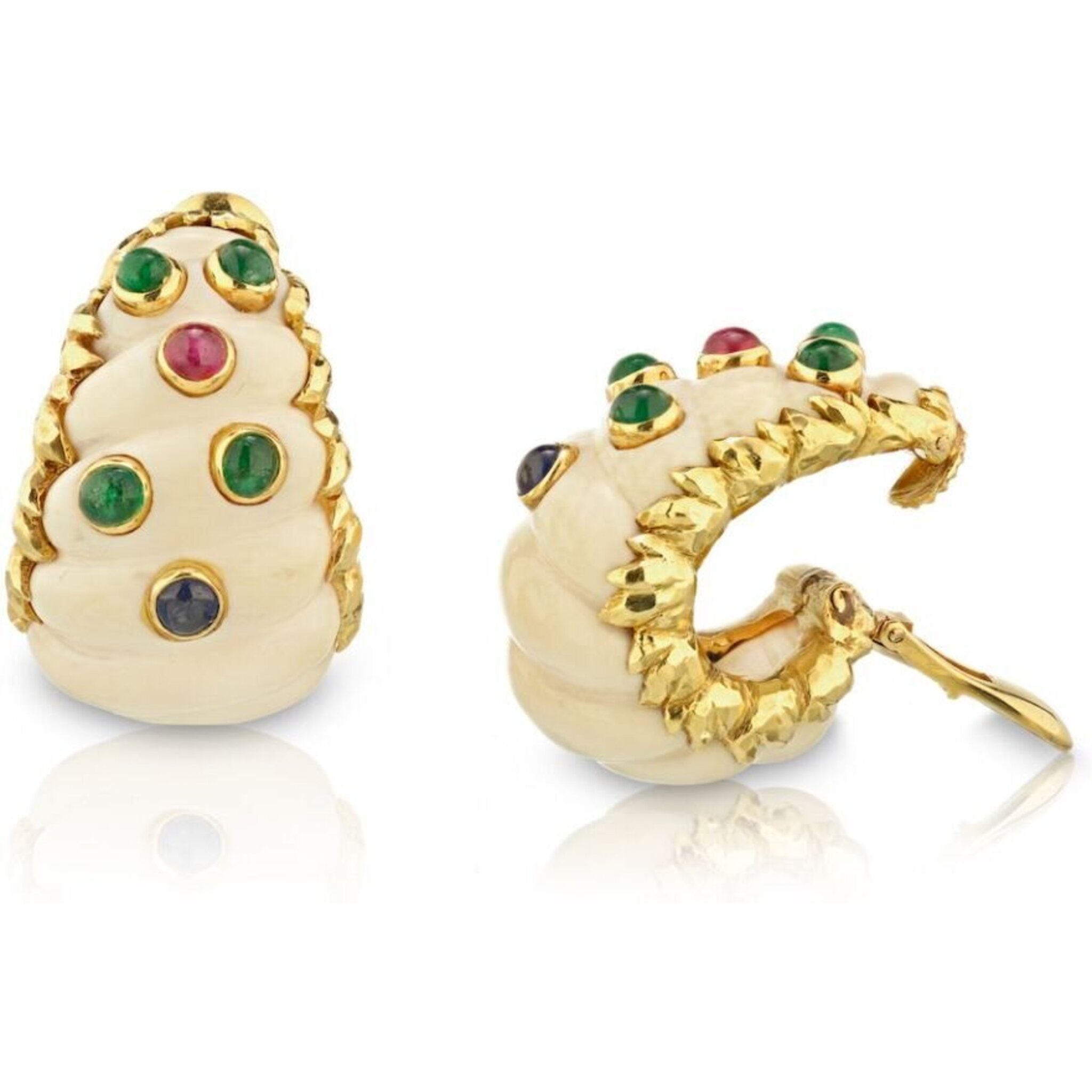 David Webb - 18K Yellow Gold 1970's Ivory, Sapphires, Emeralds, Ruby Clip Earrings