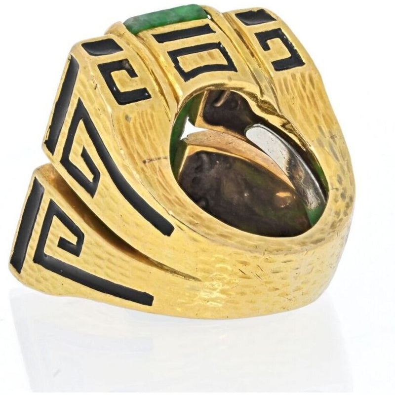 David Webb - 18K Yellow Gold Black Enamel, Carved Jade And Diamond Ring