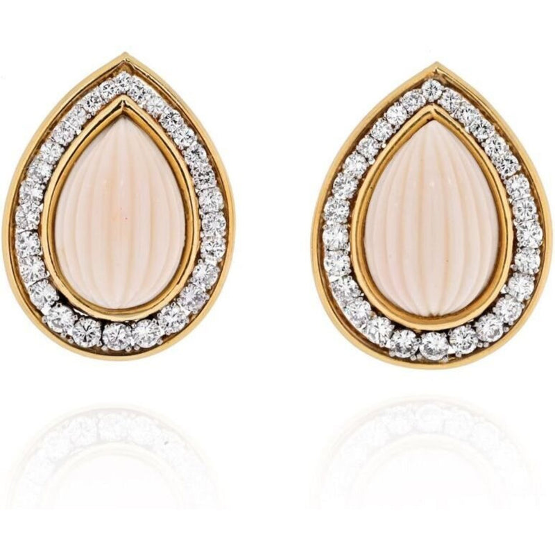 David Webb - 18K Yellow Gold Carvd Coral Diamond Pear Drop Clip Earrings
